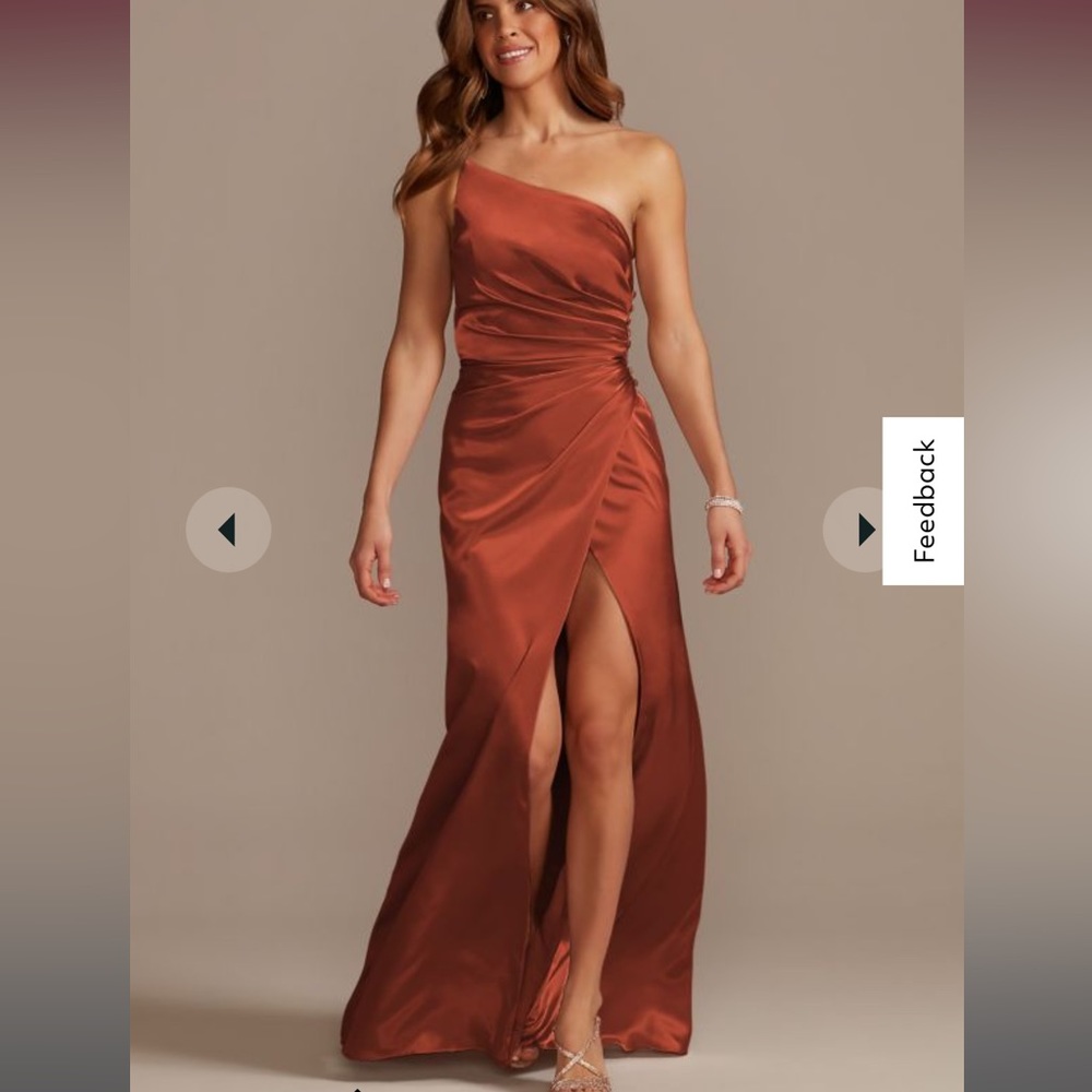 David's Bridal Charmeuse Draped One-Shoulder Bridesmaid Dress in Cinnamon